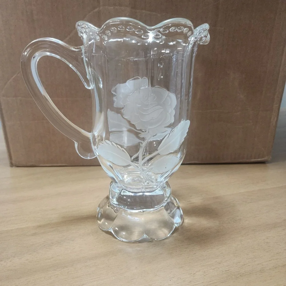 imperlux hardcut crystal Clear Glass Pitcher Roses Beaded  Footed etched fluted